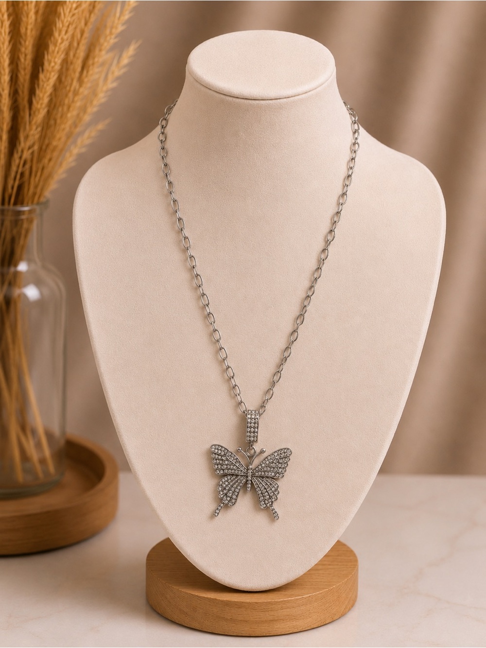 White gold filled Butterfly Pendant Necklace - Sparkling CZ Accent